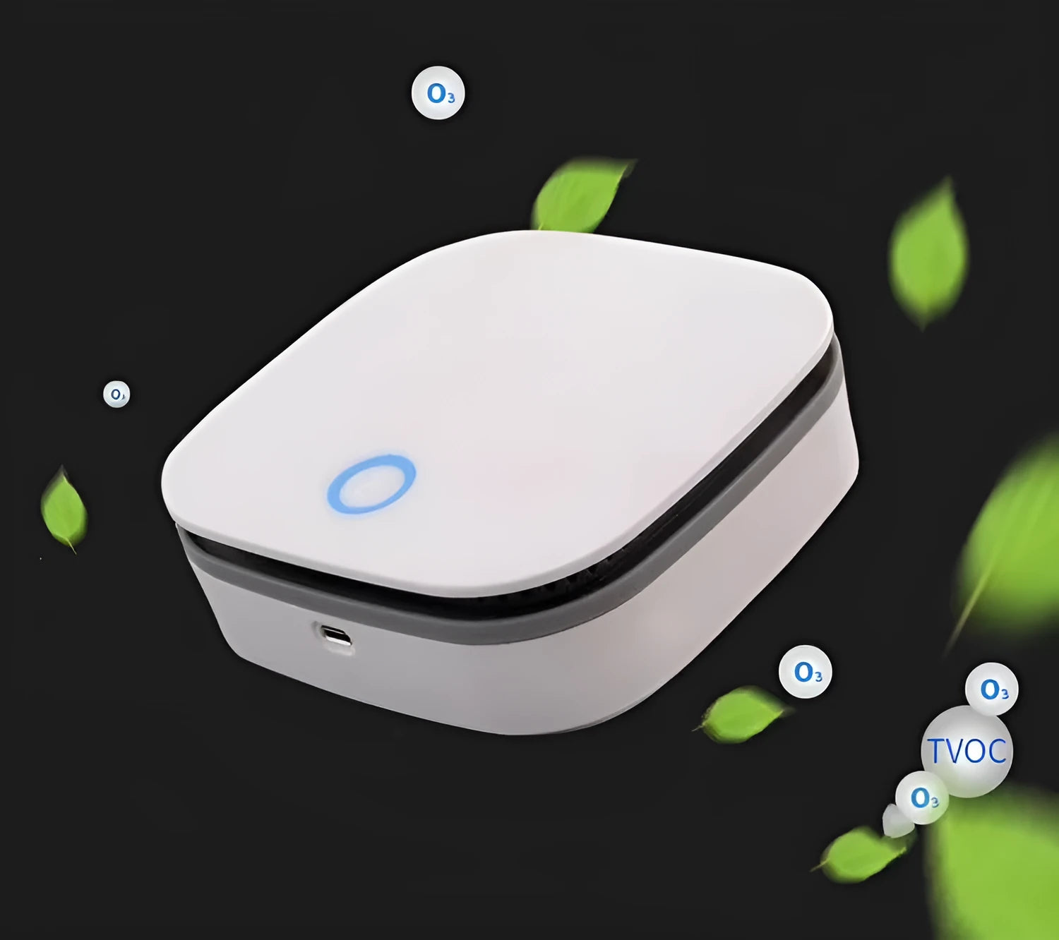 White car air purifier with USB cable and button controls for negative ion sterilisation