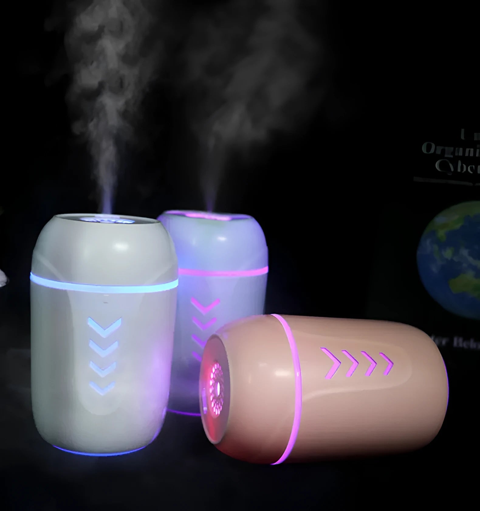 Portable car humidifier with columnar design in blue colour showing mist outlet and control dial