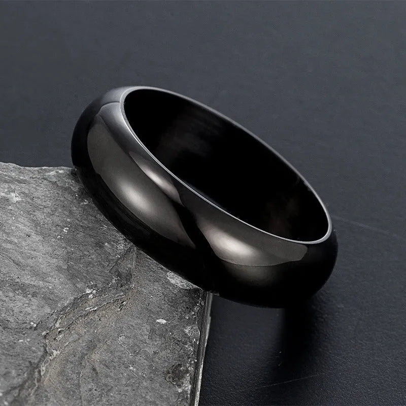 Glossy electroplated titanium steel ring shown in gold, black, and steel colour on a grey background.