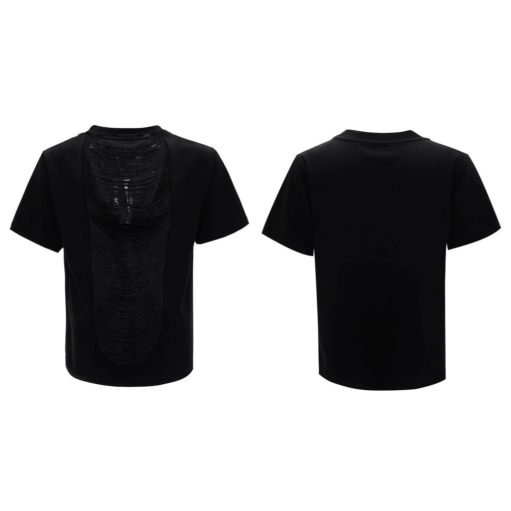 Men's black hollow out V-neck T-shirt with short sleeves and tassel detailing