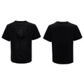 Men's black hollow out V-neck T-shirt with short sleeves and tassel detailing