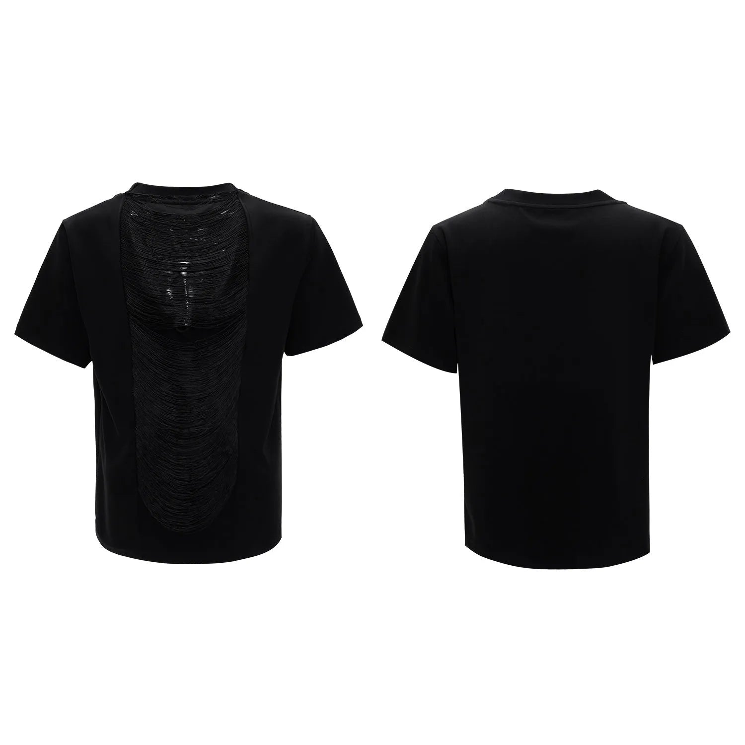Men's black hollow out V-neck T-shirt with short sleeves and tassel detailing