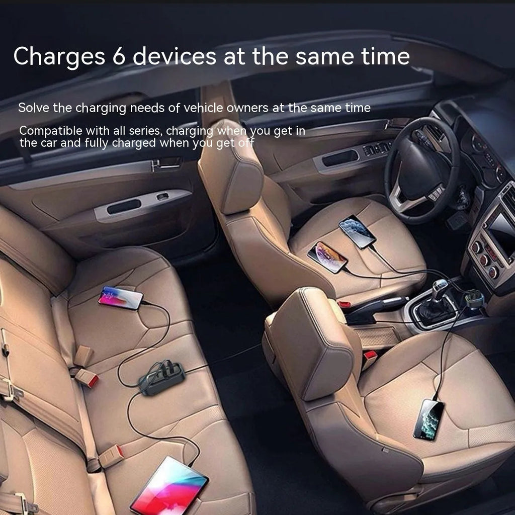 Automatic retractable car charger with four USB ports plugged into a vehicle cigarette lighter socket.