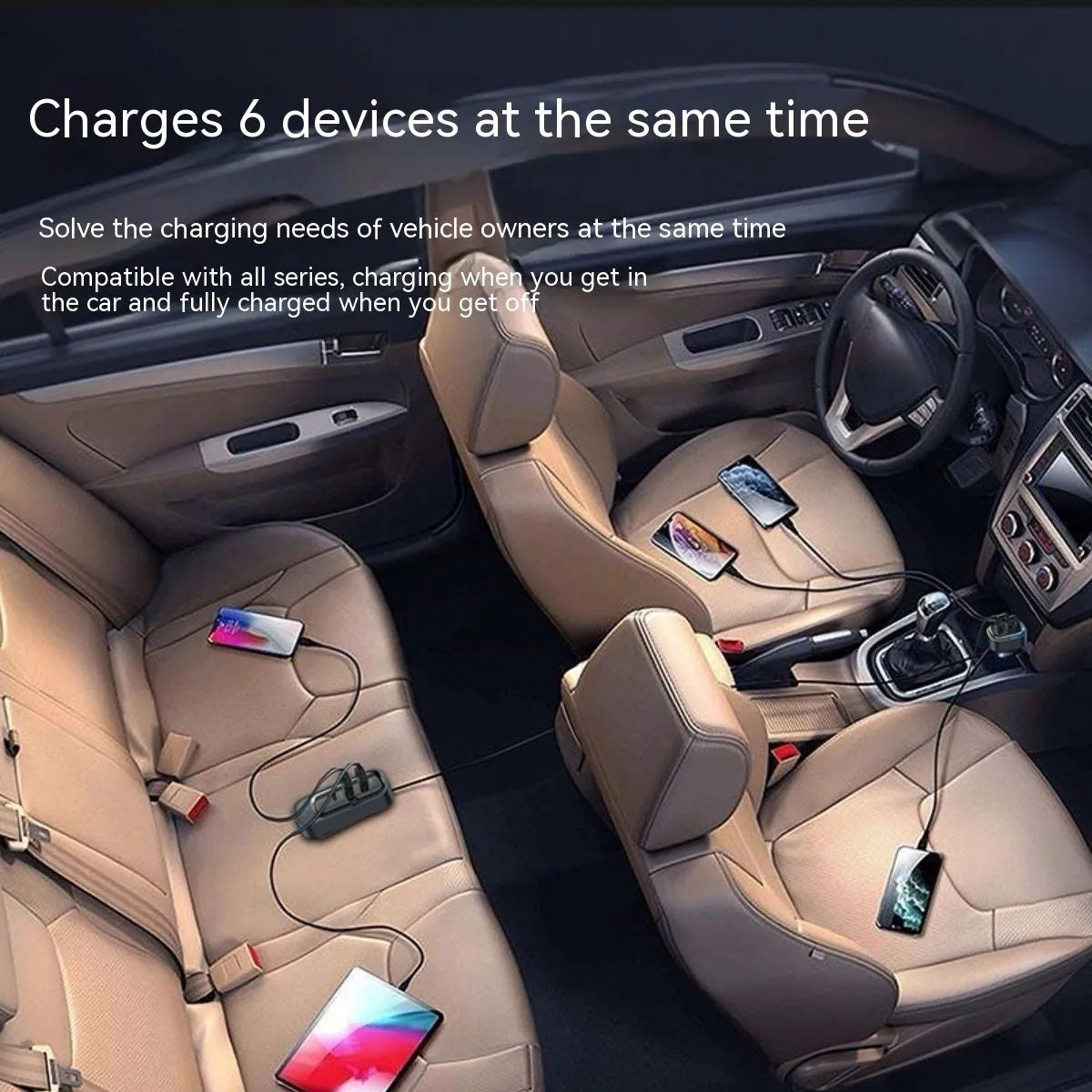 Automatic retractable car charger with four USB ports plugged into a vehicle cigarette lighter socket.