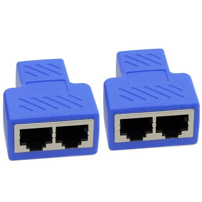 White RJ45 network cable splitter with one male and two female connectors