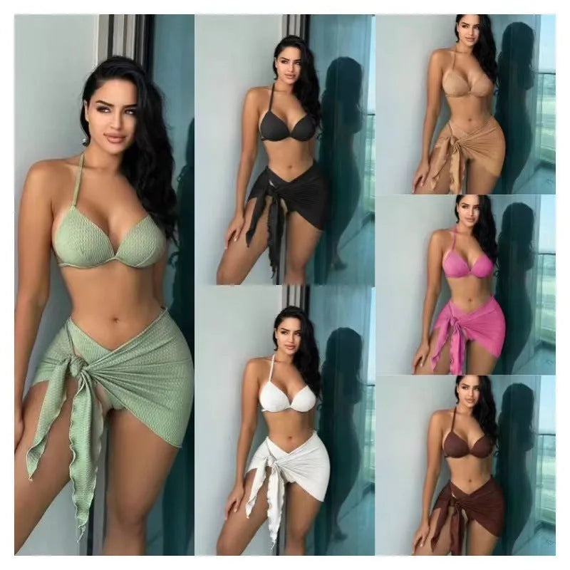 Women's black three-piece swimsuit set showing top, bikini bottoms, and skirt with Russian split style