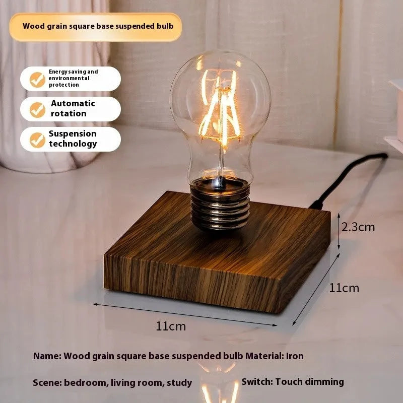Iron art suspension bulb desktop night lamp on a square wooden base.