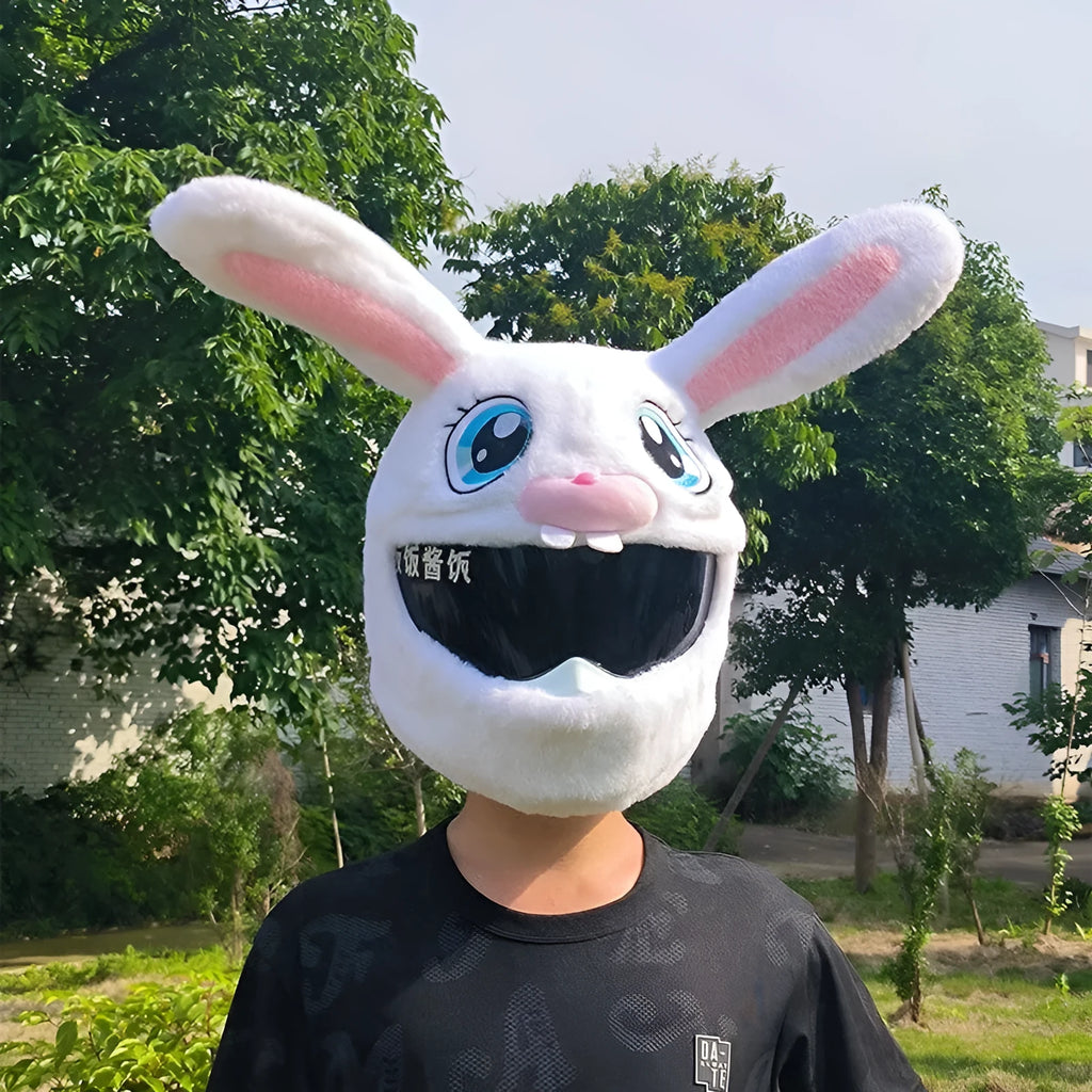 White rabbit head decorative cover for electric motorcycle helmet with plush lining