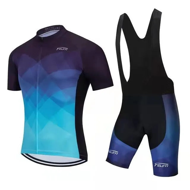 Cycling jersey and matching shorts set in a moisture-wicking fabric for men and women