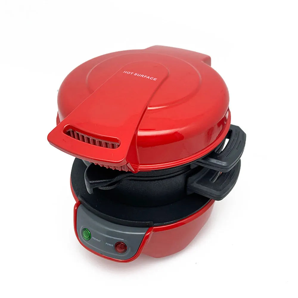 Household breakfast sandwich maker with egg cooker ring in bright red, orange or silver grey colour