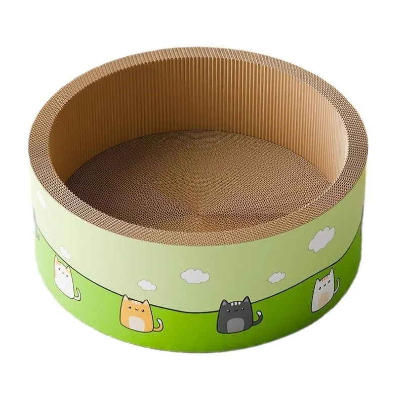 Large round cat scratch board with deepening pit design made from brown corrugated paper