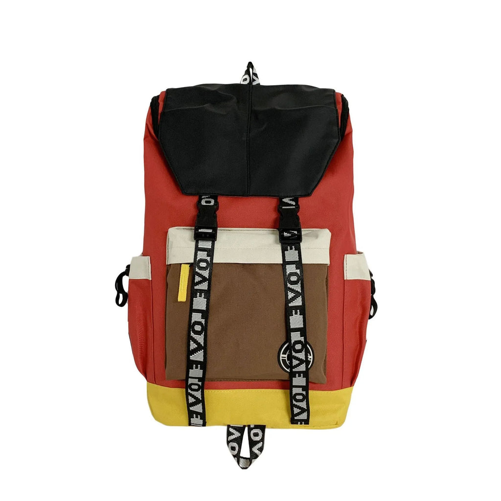 Oxford cloth backpack in black green or red colours showing dimensions and three carrying options