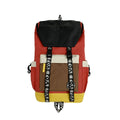 Oxford cloth backpack in black green or red colours showing dimensions and three carrying options