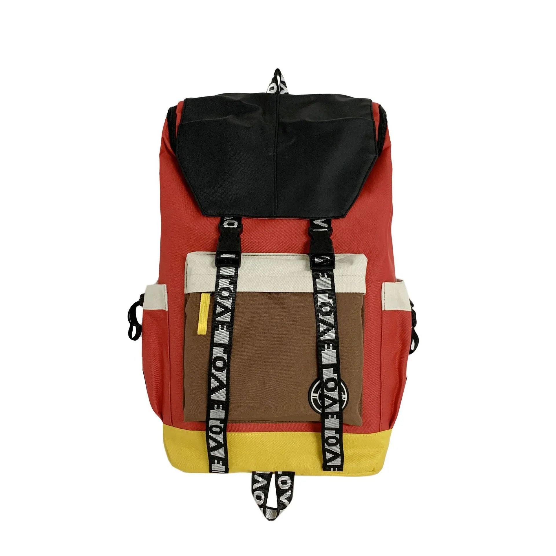 Oxford cloth backpack in black green or red colours showing dimensions and three carrying options