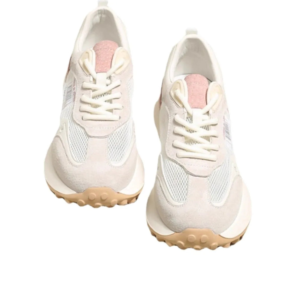 Women's grey and pink retro sneakers with rubber soles and mesh lining in low-top design