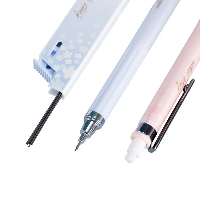 Set of three cartoon-design 0.5mm automatic pencils with boxes of HB refills.