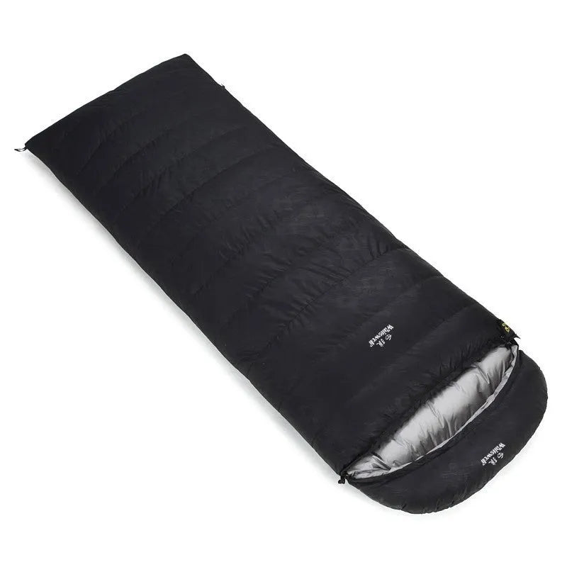 Black adult sleeping bag with envelope design, filled with white goose down and a tear-resistant nylon shell.