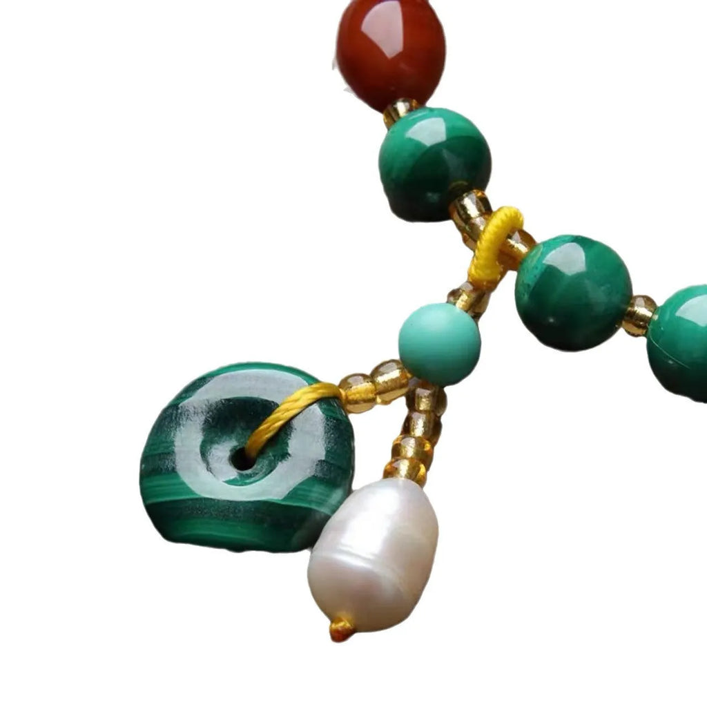 Natural green malachite and red agate barrel bead bracelet, handcrafted, approx 7-8mm beads