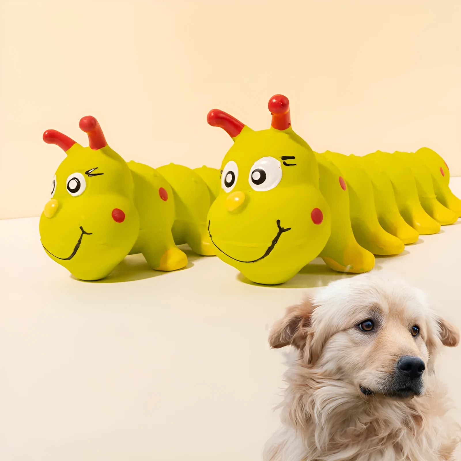 Yellow caterpillar-shaped rubber squeaky dog toy for small medium breeds.