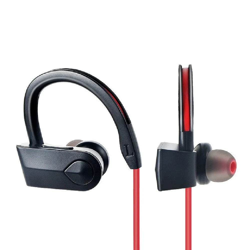 Black neck-mounted Bluetooth earphones with earbuds and USB charging cable