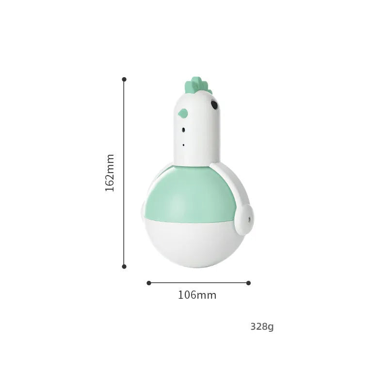 Green or orange electric chicken cat toy with laser light and sound functions on a flat surface