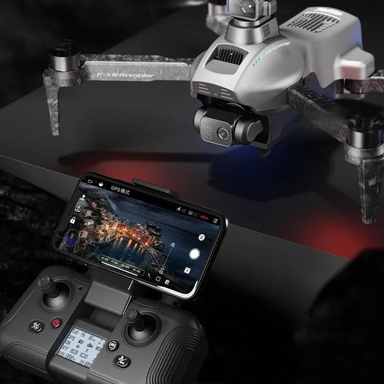 White folding quadcopter drone with camera and propeller guards, shown alongside remote control and shoulder bag.