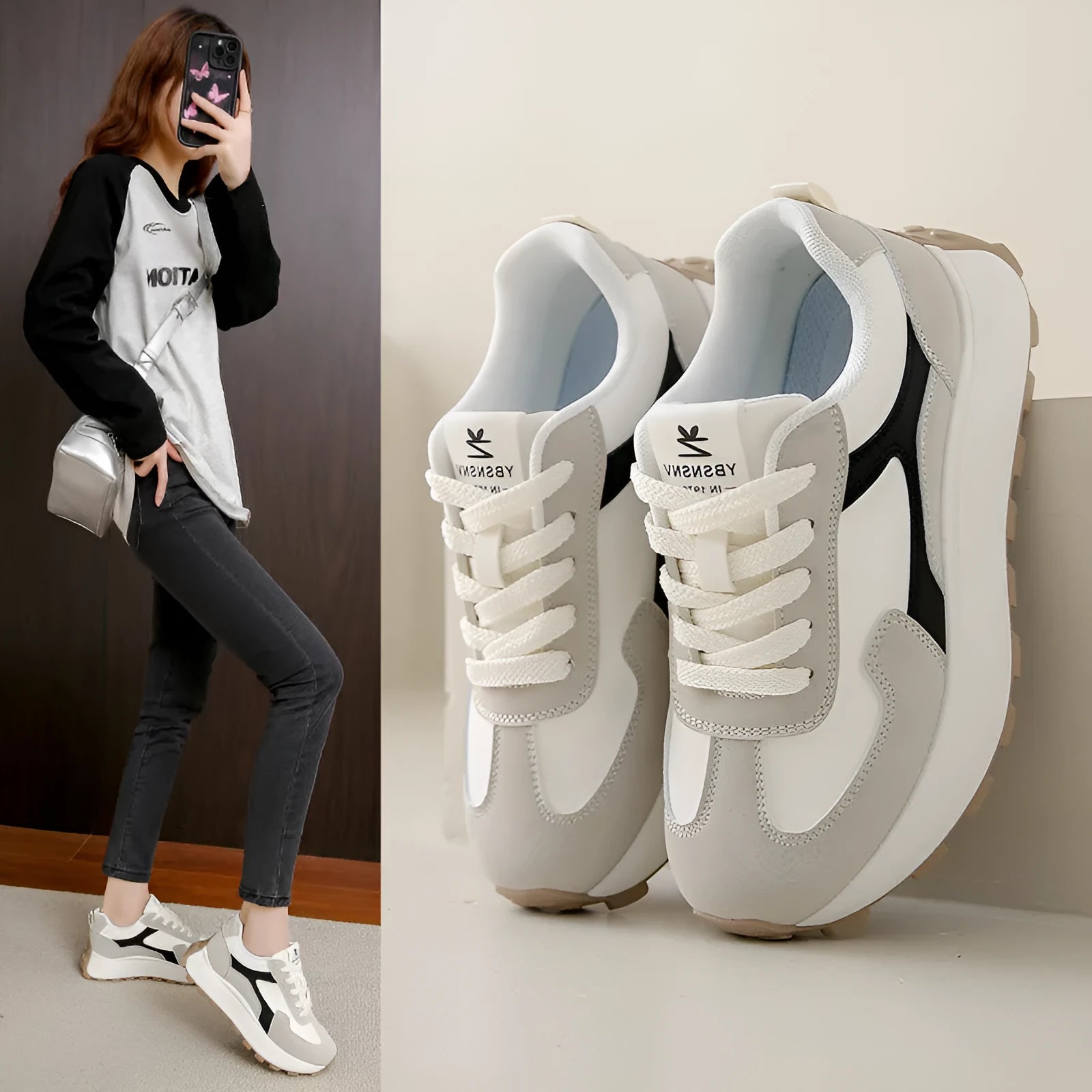 Women's solid colour low top sports shoes with flat platform heel and lace-up front.
