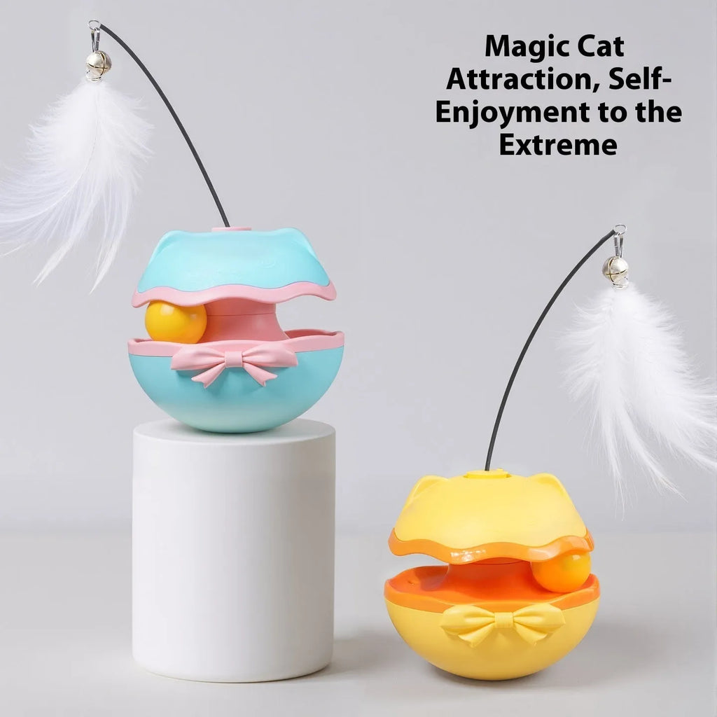 Electric cat toy tumbler in lemon yellow colour with a separate cat teasing stick on a wooden floor.