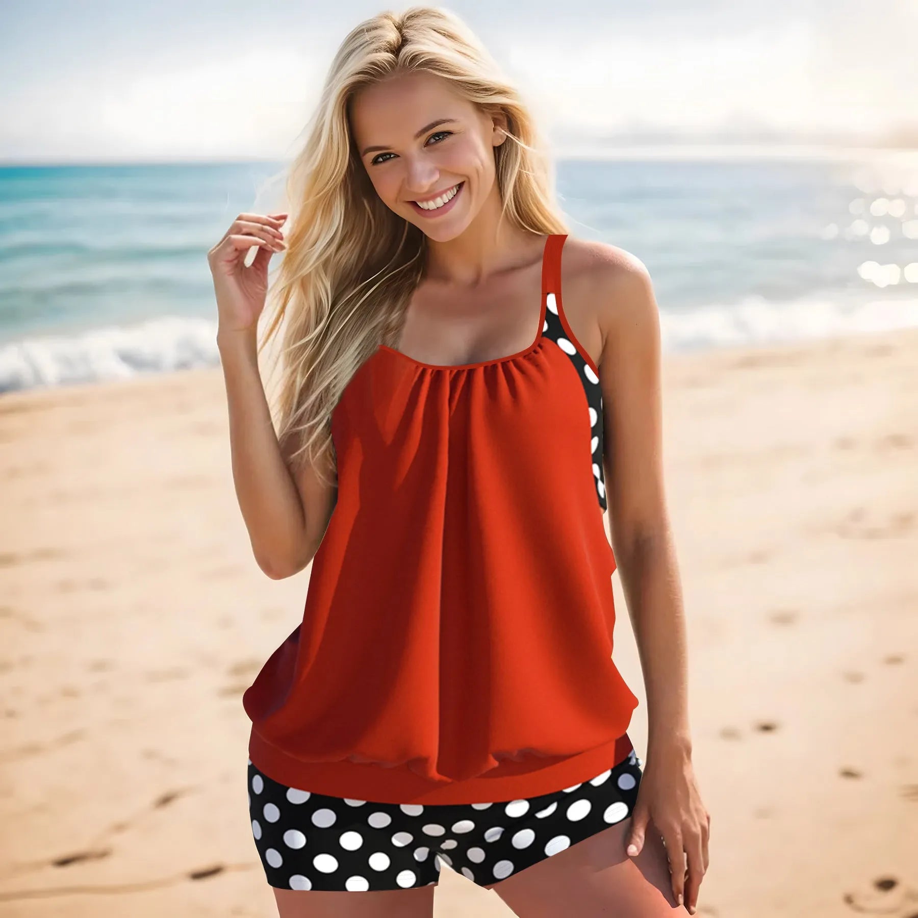 Women's high-waist polka dot boxer swimsuit briefs in polyester fabric on a mannequin.
