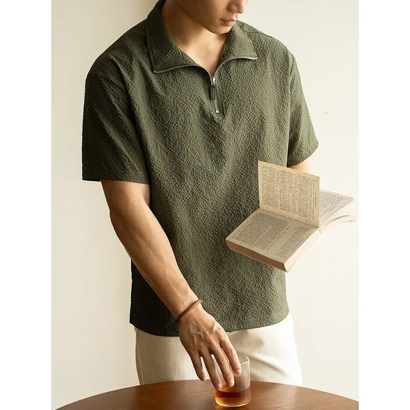 Men's cedar green loose fit short sleeve summer shirt with quick-drying ice silk fabric