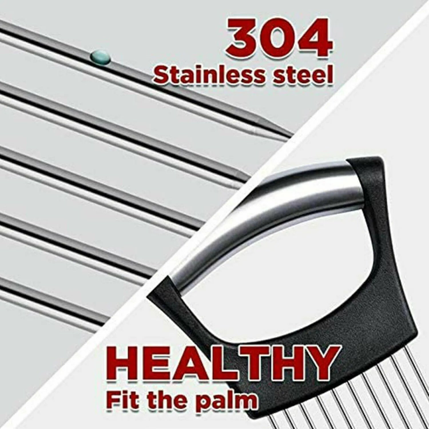 Stainless steel and ABS onion holder slicer for securing tomatoes and vegetables during cutting.