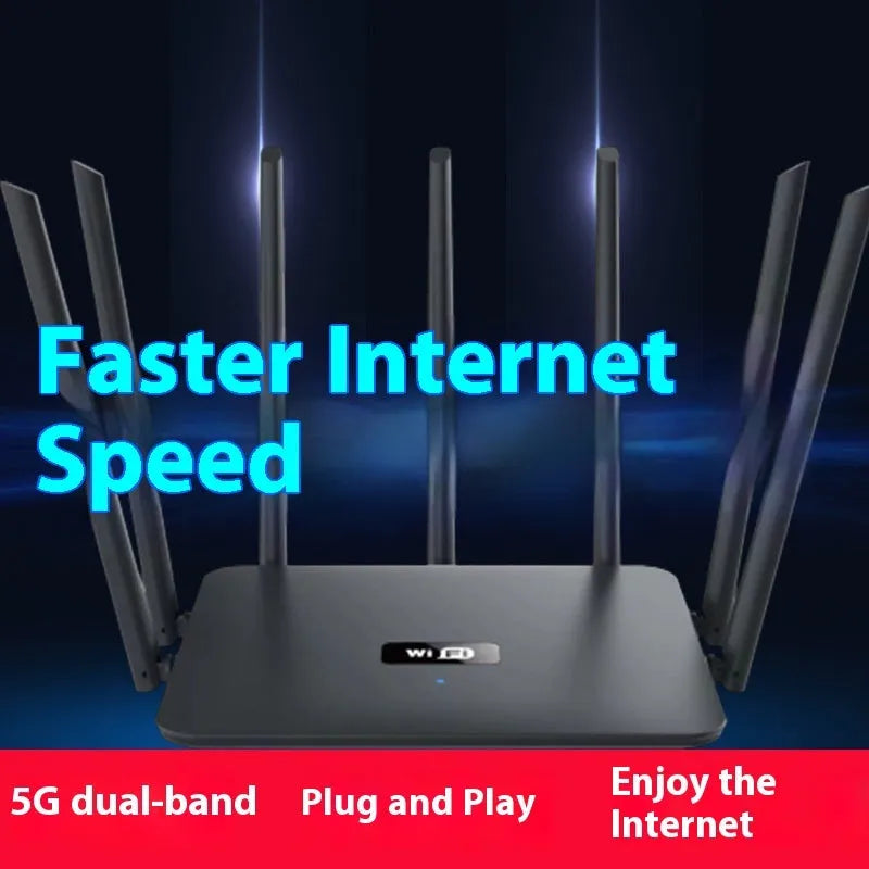 Black and white dual-band Wi-Fi router with multiple antennas for through-wall home coverage.