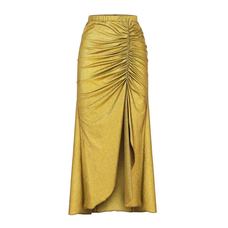 Women's yellow high waist split bikini swimsuit with skirt on beach