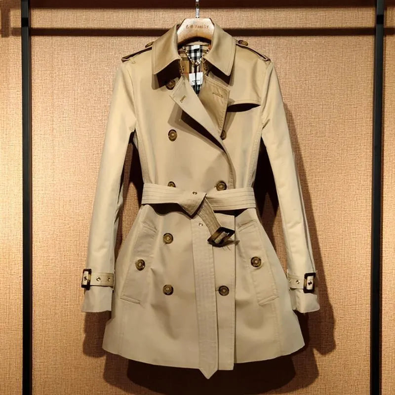 Khaki women's trench coat with double-breasted front and long flight sleeves