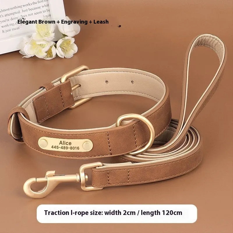 A double-layer mohair leather dog collar and matching lead in rose red, shown alongside brown and blue colour options.