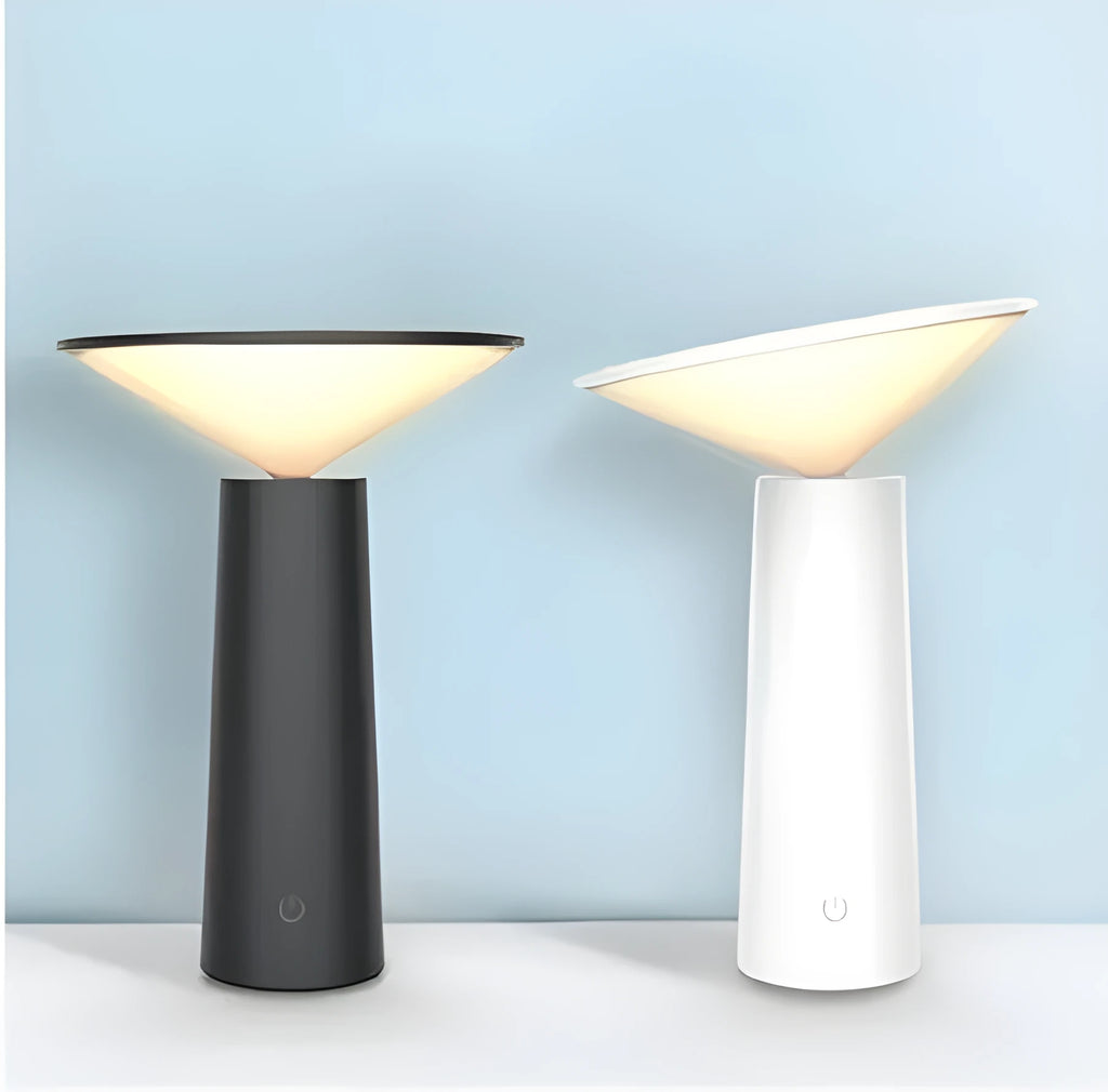 Black USB LED desk lamp with touch sensor base and an angled lamp head on a wooden desk.