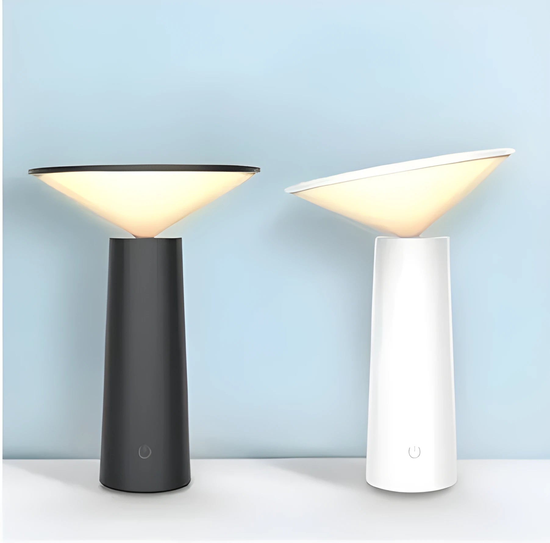 Black USB LED desk lamp with touch sensor base and an angled lamp head on a wooden desk.
