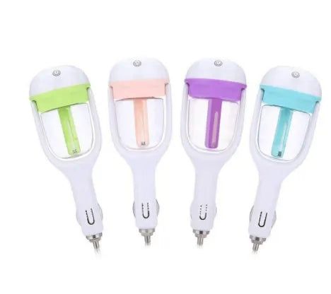 Portable car humidifier with air purifier functions in blue, green, pink or purple colours