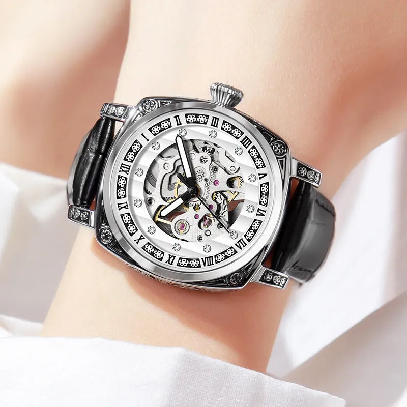 Mechanical watch with luminous hands and leather strap in choice of colours