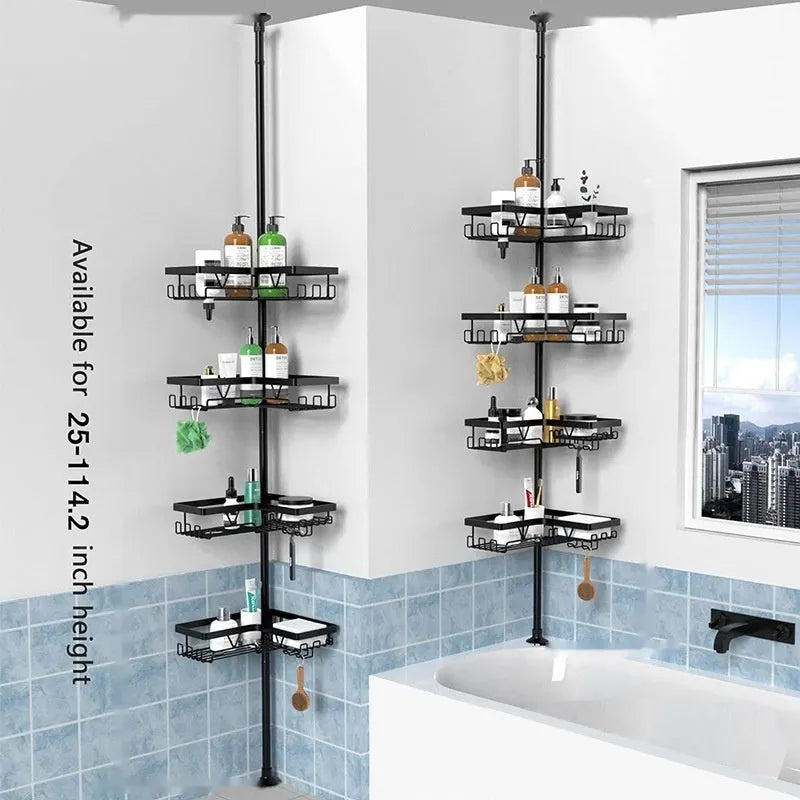 Hole-free retractable stainless steel bathroom storage rack with four tiers