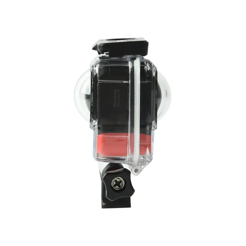 Transparent Insta360 One RS waterproof case showing dual lens openings and clear polycarbonate construction