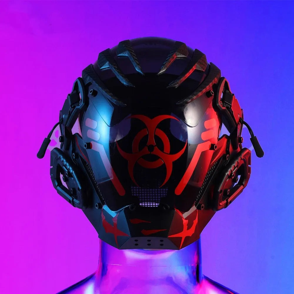 Black bioweapon full face helmet prop mask with tech-themed CYBER04 design