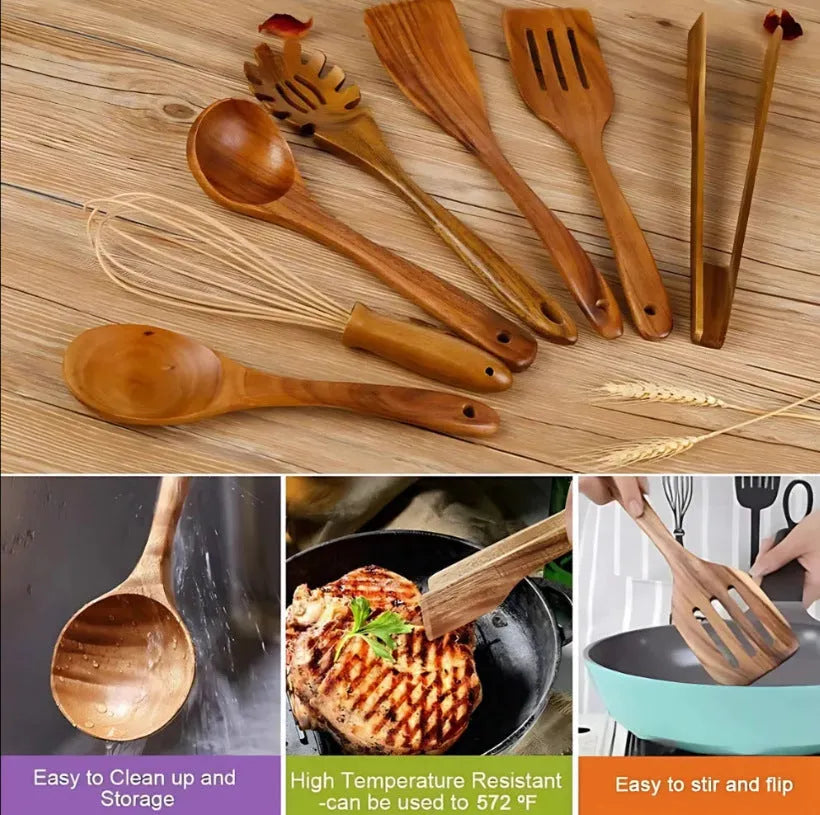 Seven wooden cooking utensils including spoons and shovels with non-slip handles