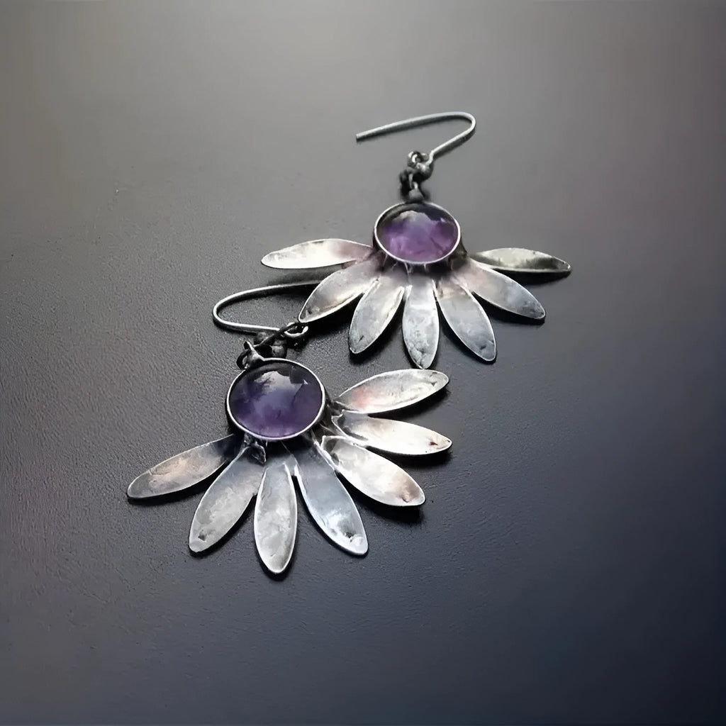 Purple Bohemian style floral earrings with animal zodiac modelling and resin accents