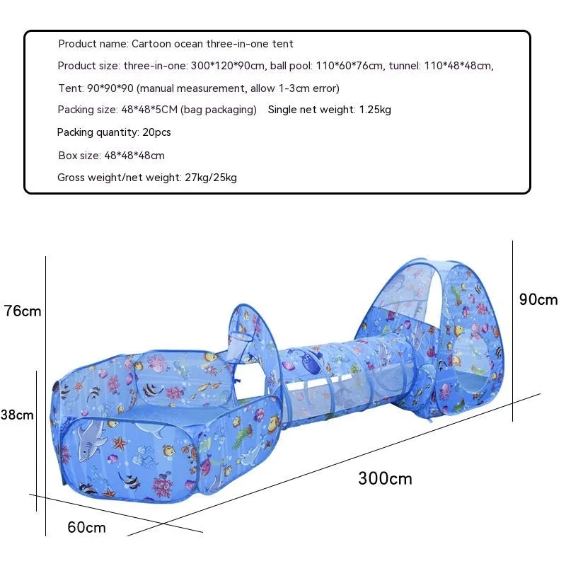 Underwater World children's tent with marine cartoon design, ball pool and tunnel components