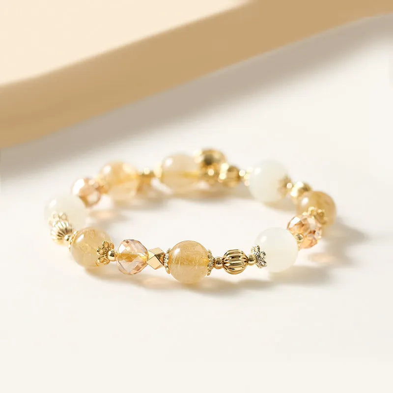 Gold rutilated quartz crystal bracelet with electroplated Lucky Fortune gold colour in Korean style design