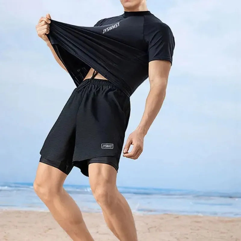 Men's polyester swimsuit set with pattern design in sizes M to 4XL