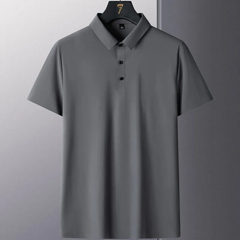 Men's solid colour non-ironing short sleeve business casual shirt in navy blue on a hanger.