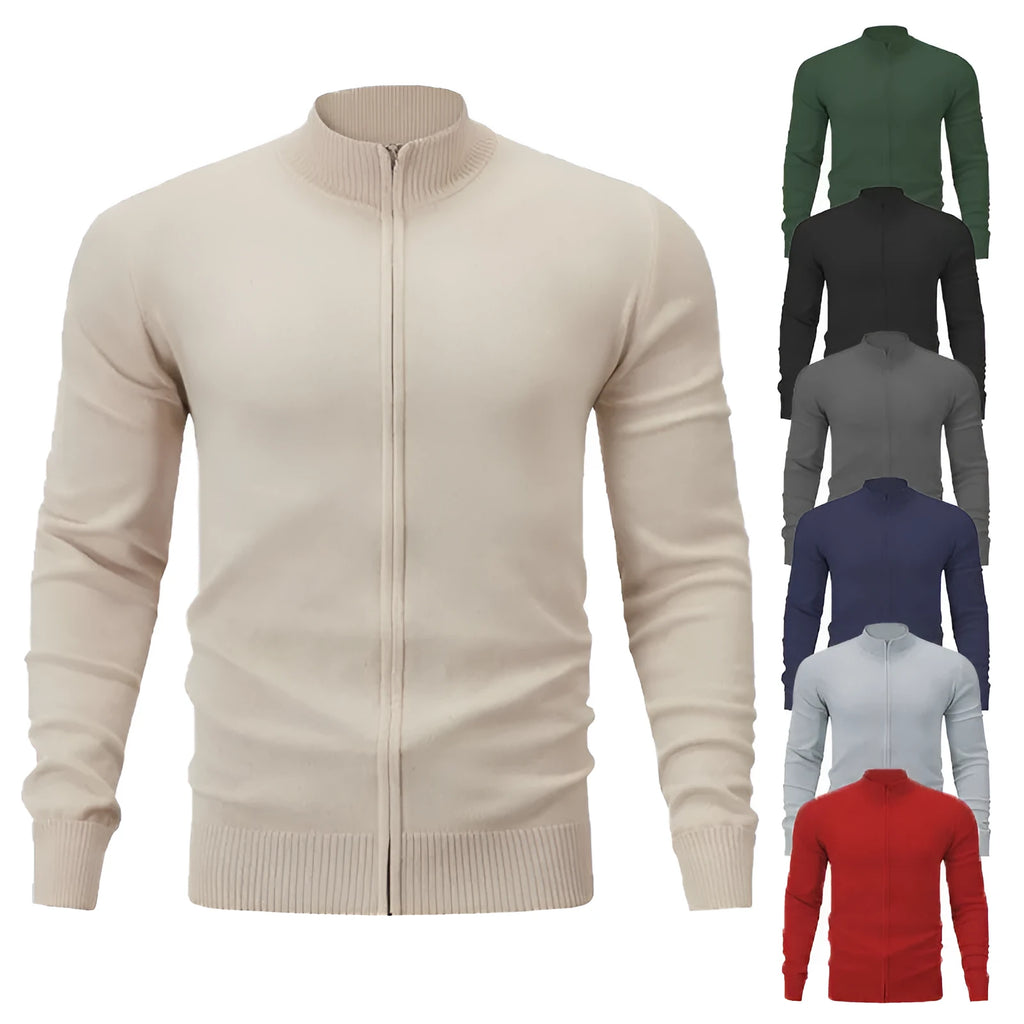 Loose-fit casual cotton zip cardigan sweater with a stand collar in apricot colour.