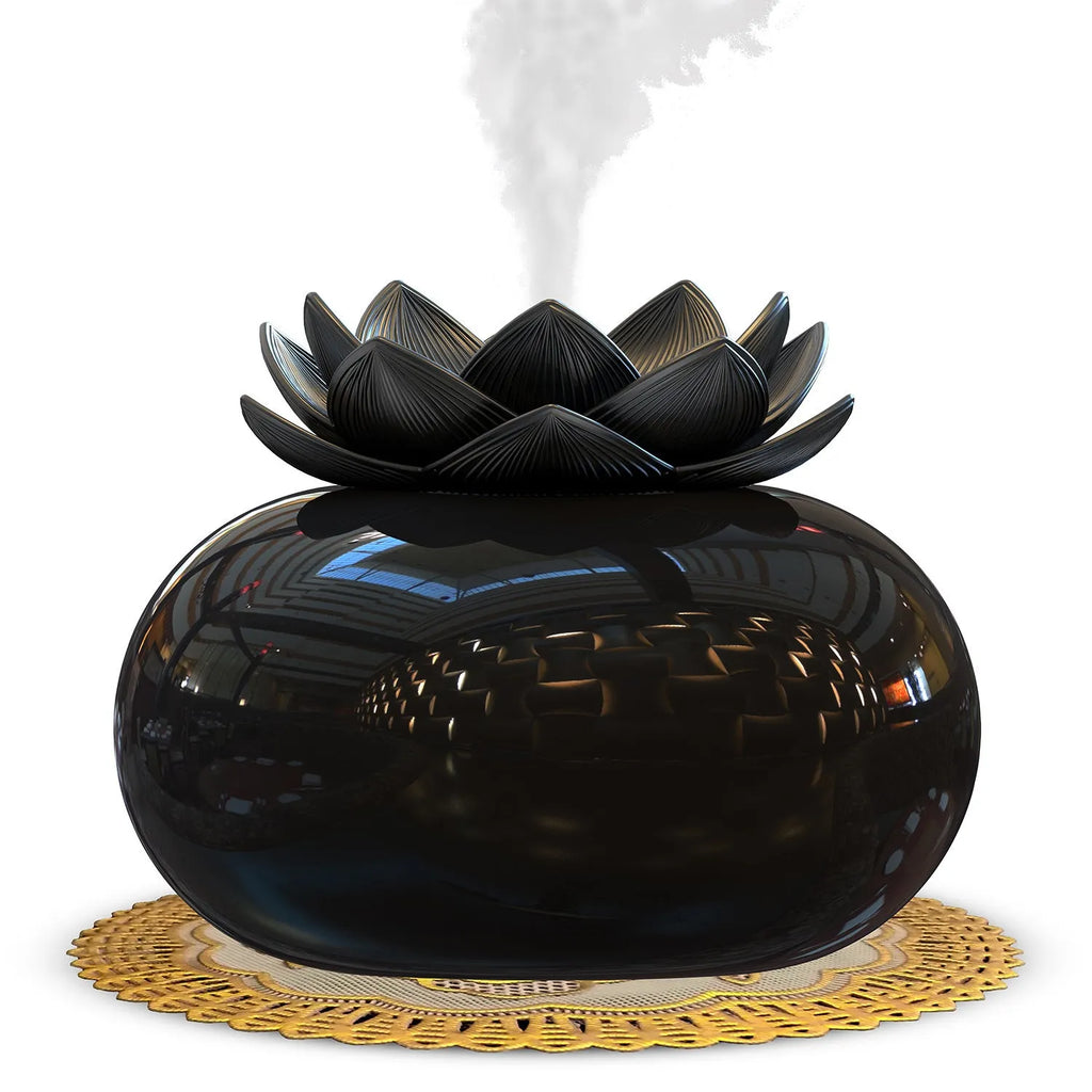 Black round lotus aromatherapy humidifier with USB port for power connection
